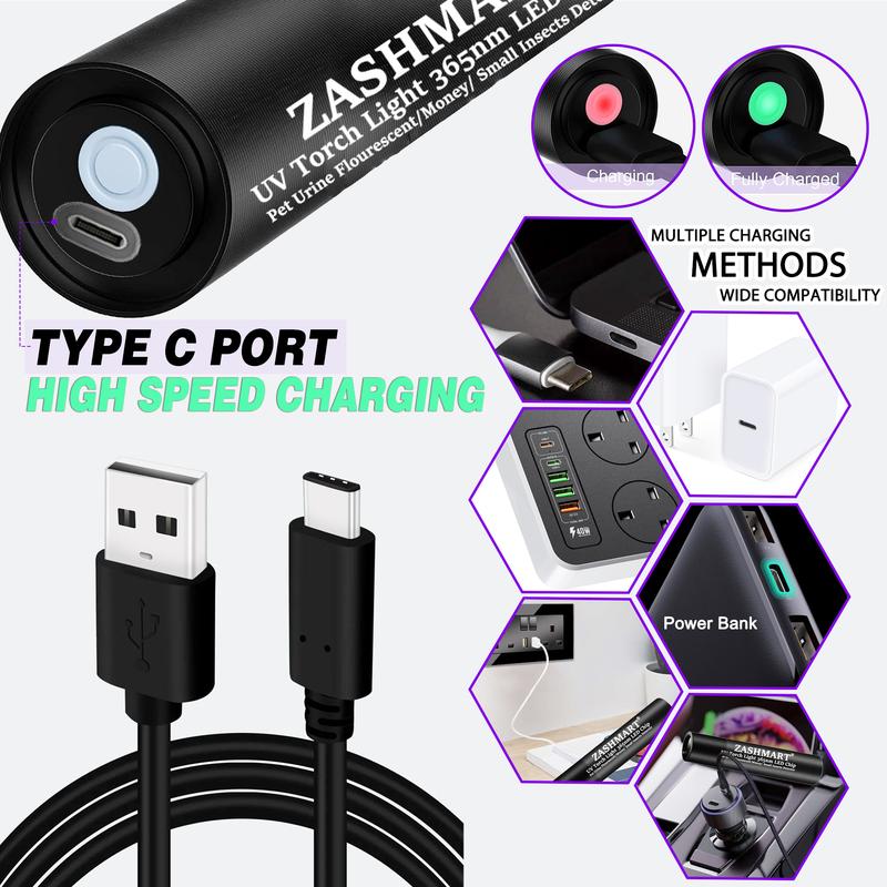 ZASHMART UV Torch 365nm Rechargeable Ultraviolet Light for Pet Urine Detection and Identification of Stains - UV Light For Pet Urine Detection | 3W USB Type C-Cable Rechargeable Torch | Mini Black Light Money Detector | Torch For Outdoor Indoor Use. 2