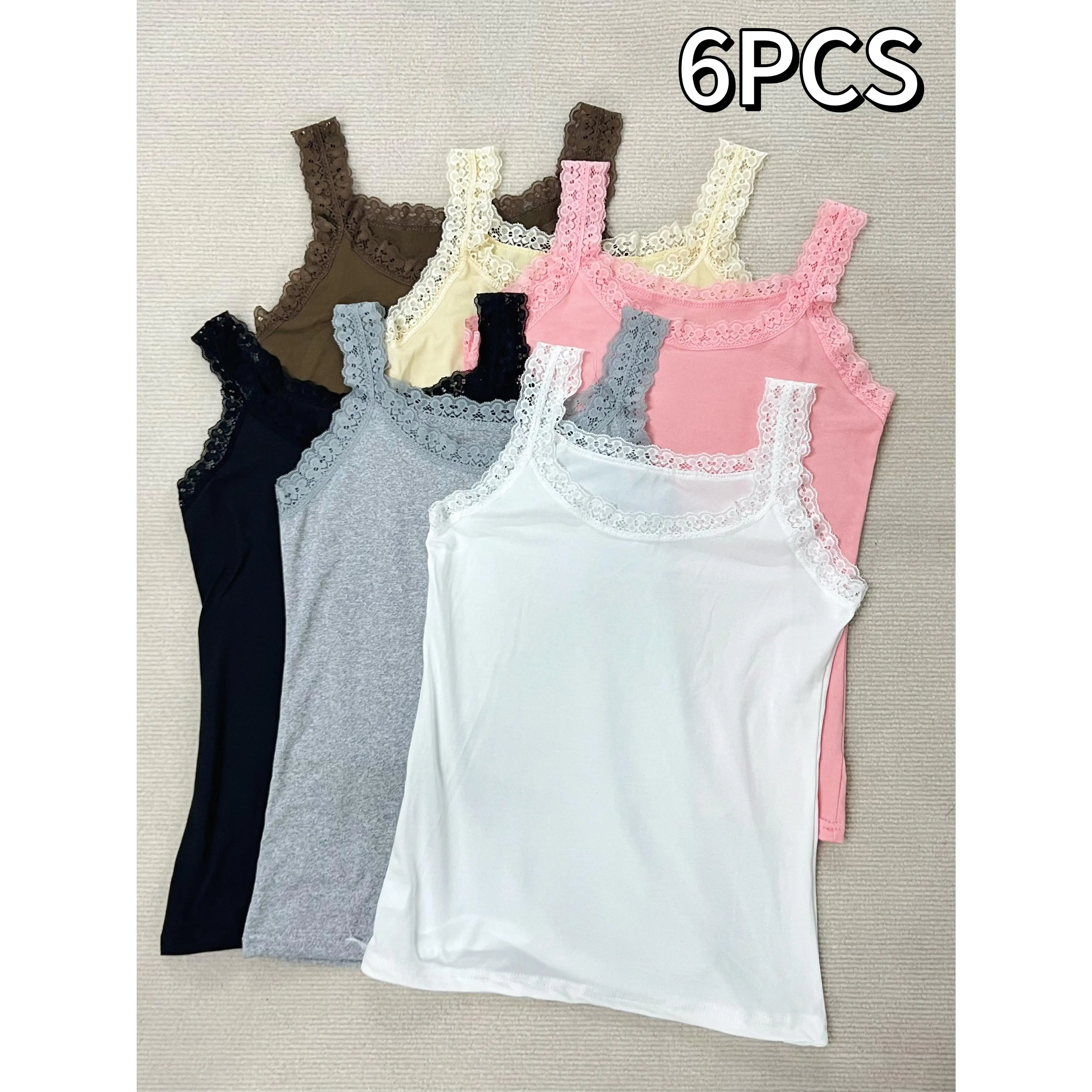 Plus Size Lace Trim Tank Tops 6PCS Set - Nylon Blend, Stretchy, Solid Color, Lace Detailing, All-season Casual Mature Style Knit Camisole for Women