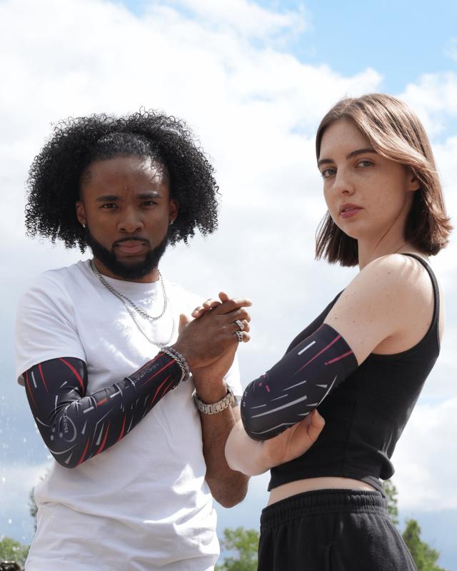 2pcs Black and Red Arm Sleeves for gaming, sports and fashion. Unisex Arm Sleeves with great slide for gaming. Compression Sleeves with UV protection perfect for all sports and gaming. Gaming Sleeves for easier glide. 1