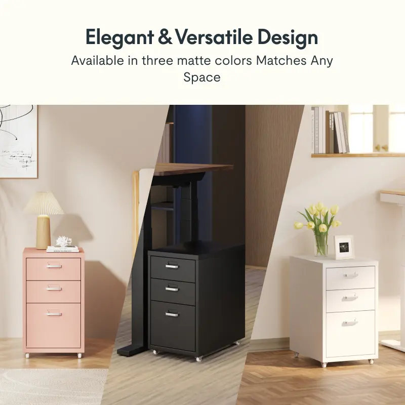 FLEXISPOT Mobile File Cabinet with 3 Drawers, Rolling Filing Cabinet with Wheels, Large Capacity Cabinet for Office Files and Supplies, Drawers in Different Sizes, Black, White, Pink color Under Desk Office Storage for Home & Office organizers