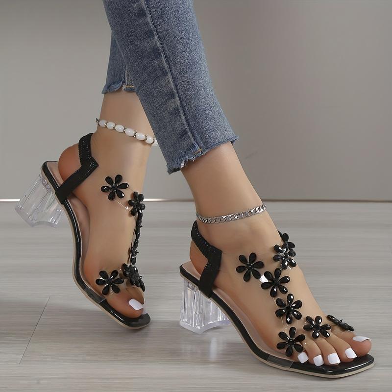 Women's Flower Rhinestone Block Heel Sandals, Fashion Square Open Toe Elastic Strap Slip On High Heels, Versatile Sandals 3