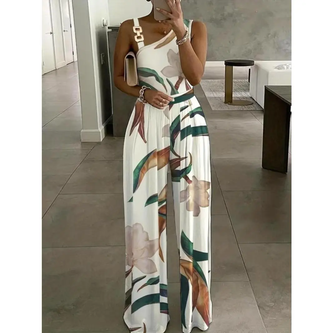 Women's Floral Print Ring Linked Asymmetrical Neck Plicated Jumpsuit, Boho Casual High Waist Wide Leg Jumpsuit for Summer, Summer Clothes 2024