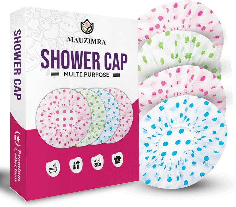 4 Pack Shower Caps for Women/Men, Light Weight Plastic Shower Caps for Women UK 30cm Width with Good Quality Elastic, Perfect for Use at Home, and Spa 0