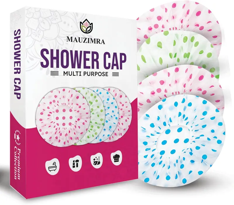4 Pack Shower Caps for Women/Men, Light Weight Plastic Shower Caps for Women UK 30cm Width with Good Quality Elastic, Perfect for Use at Home, and Spa 0