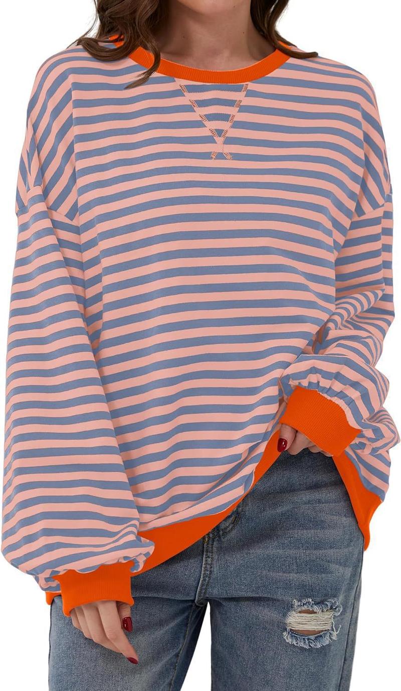 Product Introduction of Women's Colorblock Striped Print Contrast Binding Drop Shoulder Sweatshirt, Casual Long Sleeve Round Neck Pullover for Fall & Winter, Ladies Clothes for Daily Wear, Tops for Women Womenswear Hoodie Bridal Comfort Crewneck Baggy Loose 2