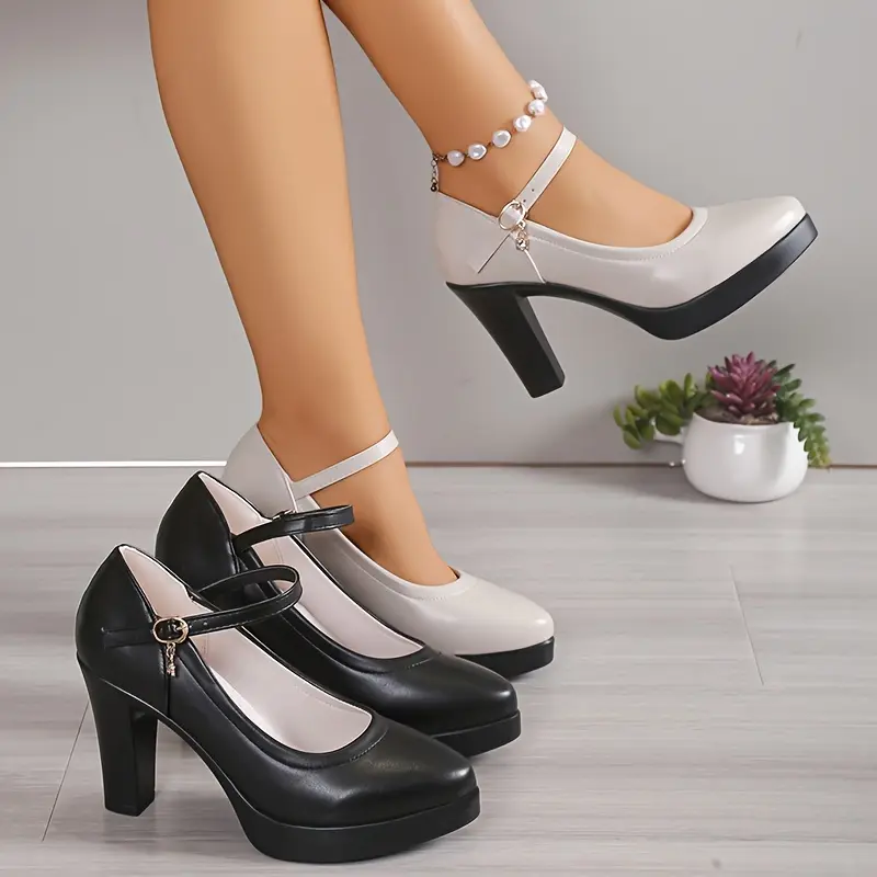 Ultrahigh Heel Block Heel Mary Jane Shoes, Solid Color, Lightweight, TPU Insole, Man Made Upper and Inner Materials, TPU Sole, Sexy Style, Plain Toe, with Hand Wash or Professional Dry Clean Instruction, for Spring, Women, Mom Classy Stylish