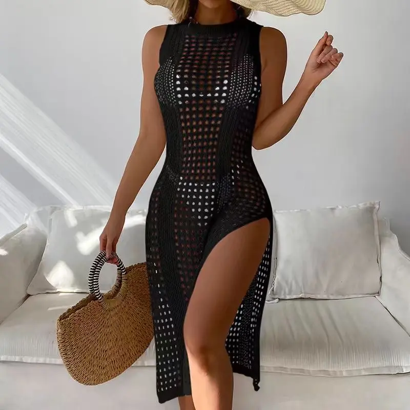 Crochet Cover Ups for Women Hollow Out Sleeveless Bikini Swimsuit Swimwear Side Split Long Beach Dresses