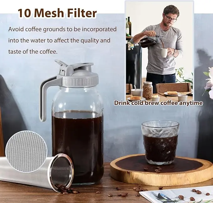 Cold Brew Coffee Maker Pitcher, 64 Oz Heavy Duty Wide Mouth Glass Mason Jar pour spout Lid with Stainless Steel Filter for Iced Coffee, Ice Lemonade, Fruit Drinks, Sun Tea 3
