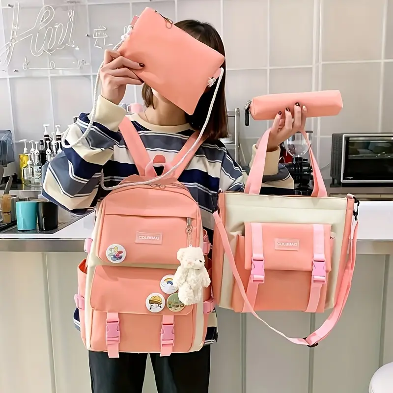 4pcs/set Simple Casual Backpack Large Capacity School Bag Travel Bag Canvas Shoulder Bag For Students 7