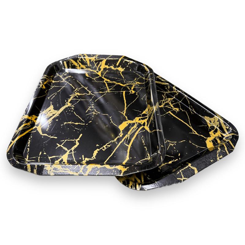 2Pc Large 40cm x 28cm Black & Gold Marble Design Plastic Serving Tray 2
