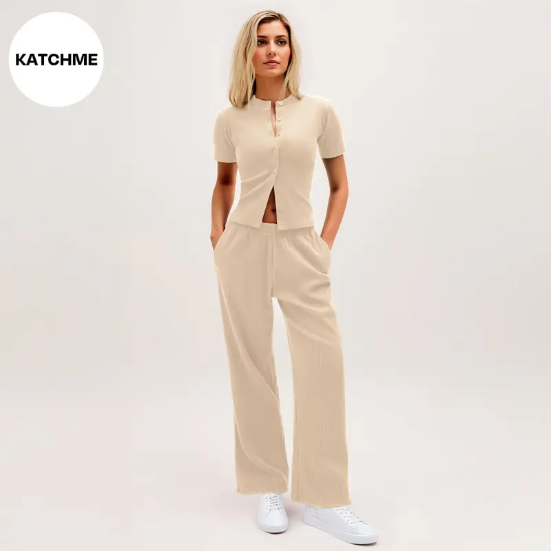 KatchMe Women's Minimalist Solid Color Button-Up Short Sleeve Slim Top & Plicated Wide Leg Trousers Co-ord, Basic Two Piece Outfits, Comfortable Womenswear 6