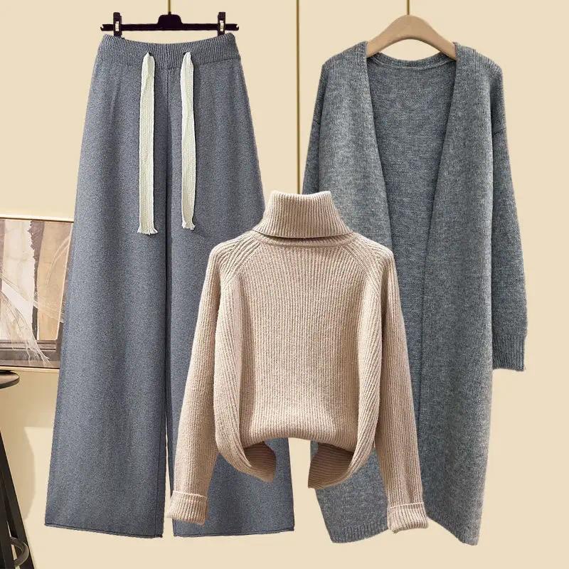 Product Introduction of [2025] plus size women's winter cardigan jacket polo/turtle neck sweater bell bottoms three-piece set new style long length 17