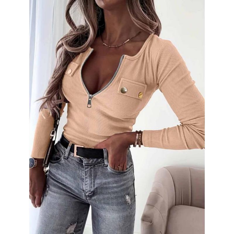 Women's Plain Half Zipper Back Button Decor Tee, Casual Long Sleeve Round Neck T-shirt for Spring & Fall, Women's Top for Daily Wear 4