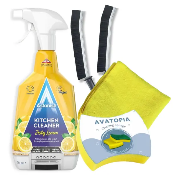 Astonish Zesty Lemon Kitchen Spray + Sponge, Crevice Brushes & Microfibre Cloth - Non-Toxic Multipurpose Cleaner for Kitchen & Surfaces - Household
