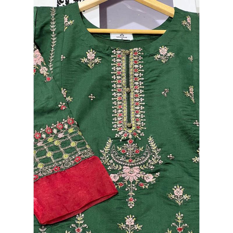KLD302 Sanaya - Dark Green Readymade Khadi Net Suit 1