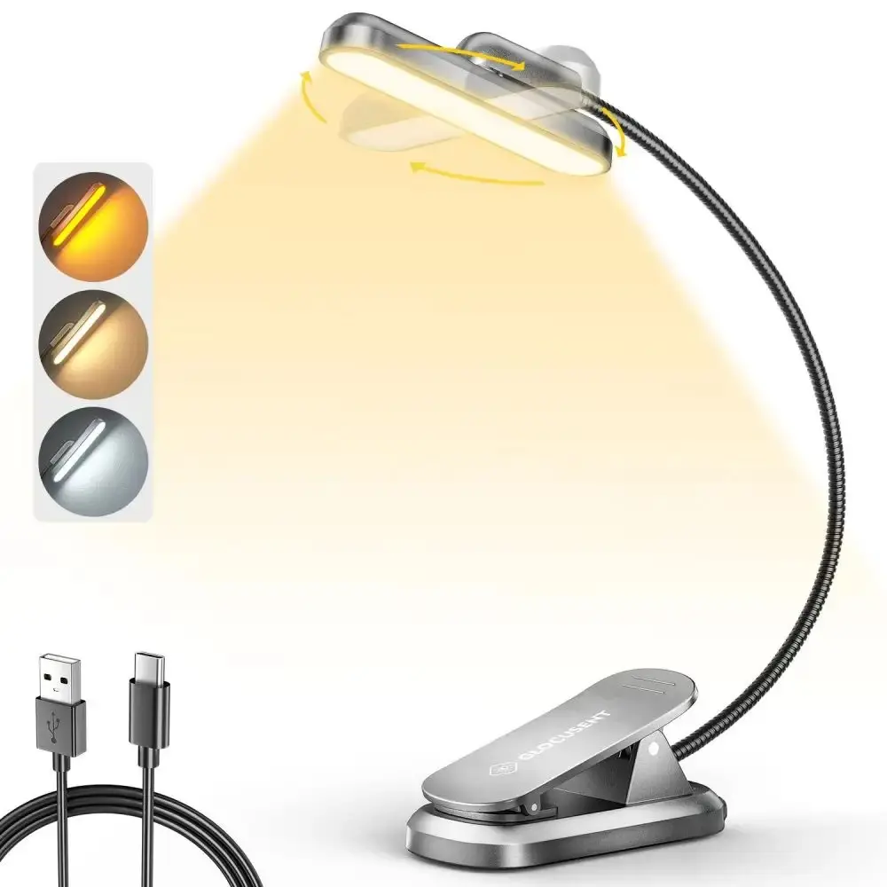 Glocusent Portable Rechargeable LED Book Reading Light - 340° Rotatable, Adjustable Brightness, Lightweight, Durable - Grey