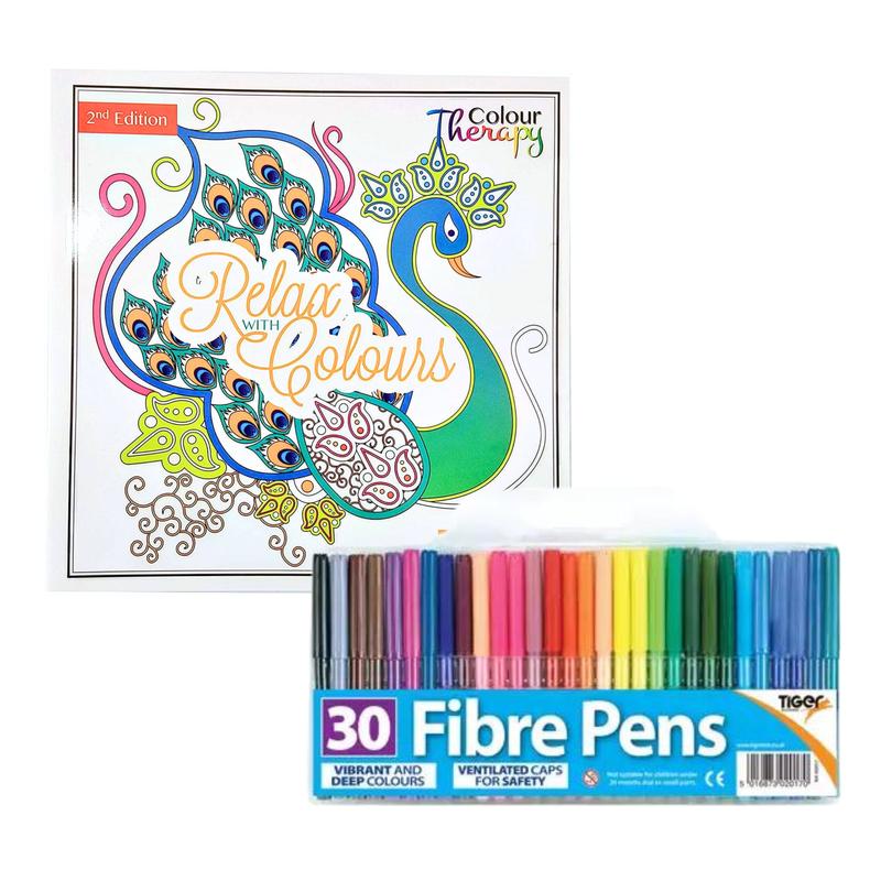 Colour Book and Colour Pens Set Fine Tip Fibre Pen set (30 Colours) Art & Craft for Kids and Adults 0