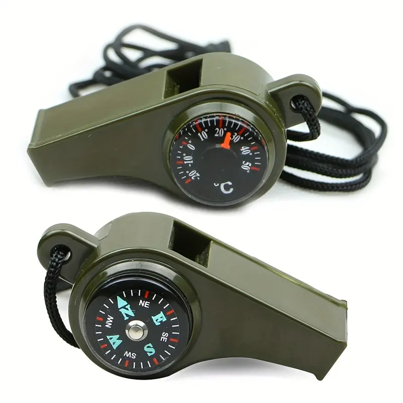 1pc 3-in-1 Ultimate Emergency Survival Tool - Whistle, Compass, Thermometer Combo for Camping, Hiking, Outdoor Adventures, Referee, and Cheerleading - Durable ABS Construction 0