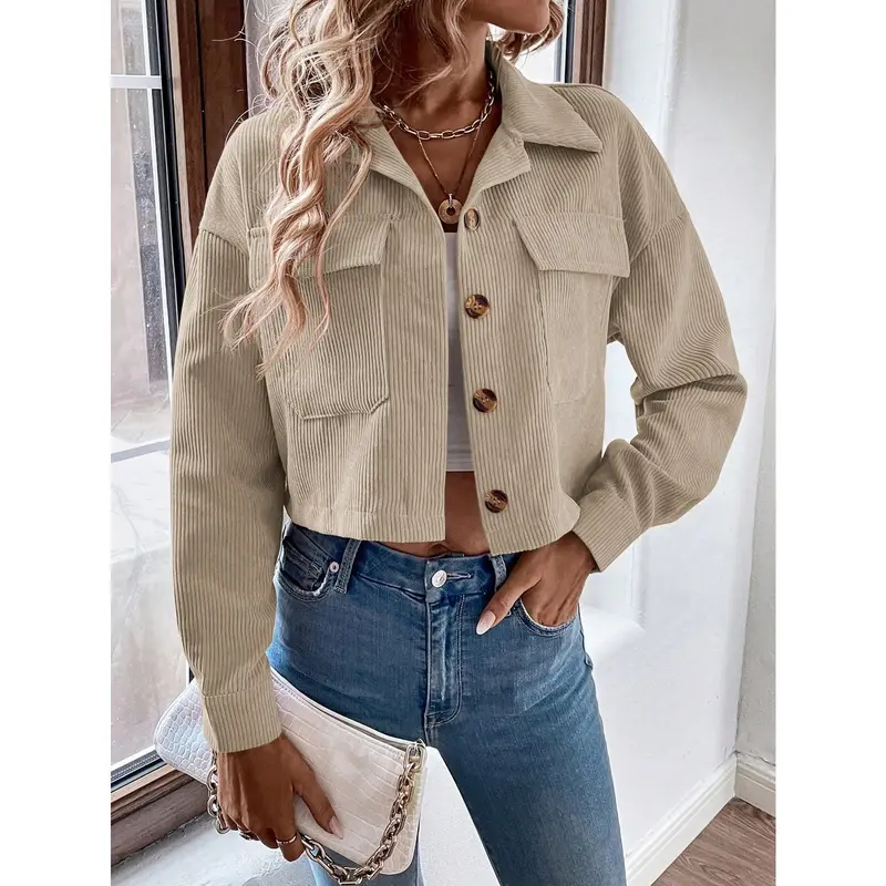 Franclia Flap Pocket Drop Shoulder Crop Corduroy Jacket Fit Long Sleeve 5