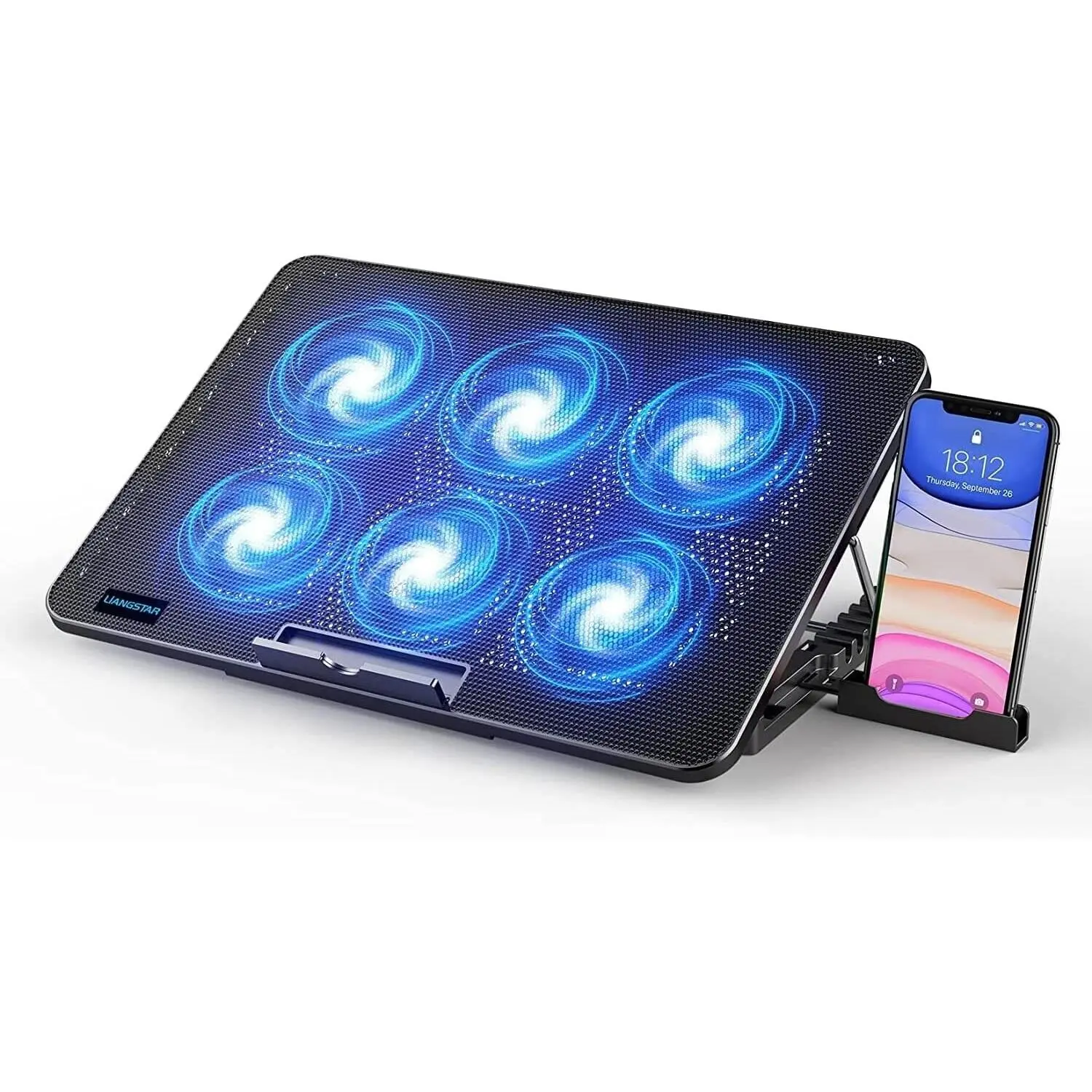 LIANGSTAR Laptop Cooling Pad, Laptop Cooler with 6 Quiet Fans at 2100RPM, Laptop Stand with Phone Holder, 7 Heights Adjustable & USB Powered, suitable for 12-17 Inch, New 2022 Version - Blue