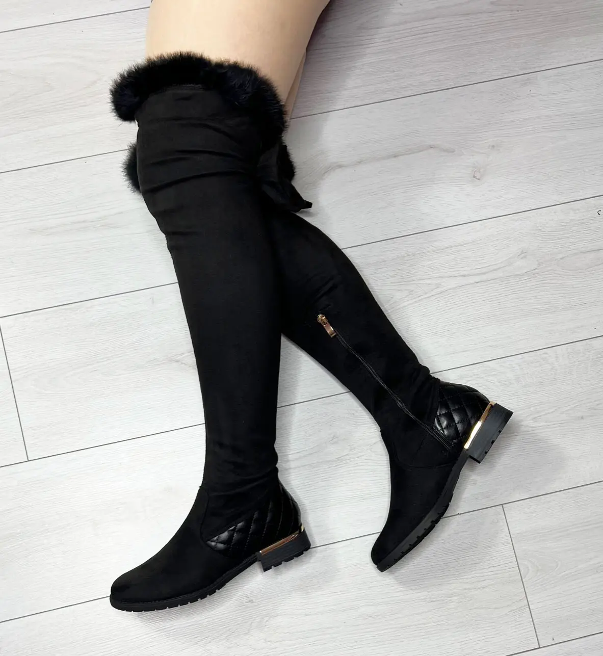 Women Ladies Fluffy Fur Over Knee Boots Low Block Heel Thigh Stretch Shoes Size Girl Walking Shoes
