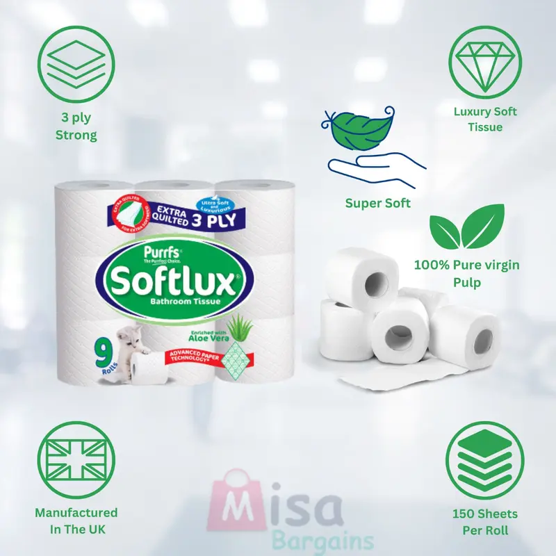 90 Toilet Rolls 45 Softlux Purffs Coconut + 45 Softly Purffs Aloe Vera 3ply Bathroom Luxury Quilted Toilet Rolls  (10*9pk) Flushable Disposable Family Toilet Pack Scented Kitchen Sheets Tissue Wipes 4