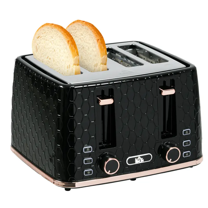 HOMCOM 4 Slice Toaster with 7 Browning Levels, High Lift, Reheat/Defrost/Cancel, Self-centring Function, Removable Crumb Tray, Auto Off, 1600W, Black Honeycomb Texture 0