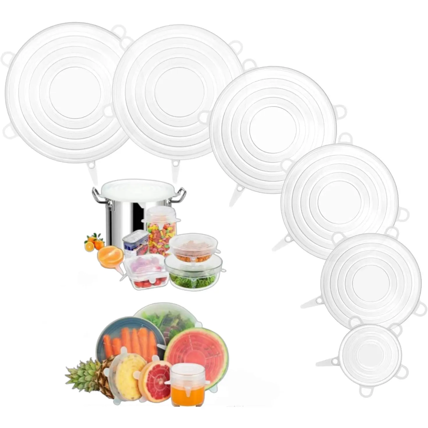 ONEGOL Silicone Stretch Lids, 6 Sizes BPA-free Silicone Lids Reusable Container Lids Food Covers, Flexible to Fit Most Size Round Food Containers, Durable, Refrigerator Microwave and Dishwasher Safe