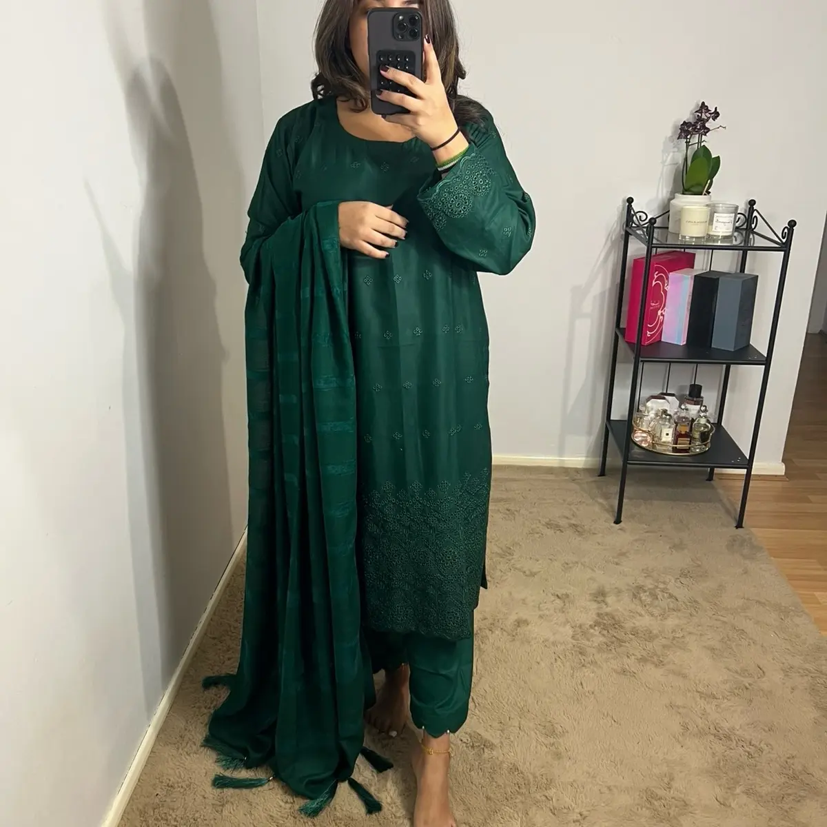 Bint E Naz Dhanak Suit with Fancy Velvet Dhanak Shawl with Tassels. 3 Piece Women’s Asian Suit- Winter- Emerald Green