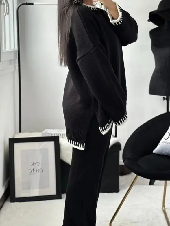 Long Sleeve Suits knitted Relaxed Fit Womenswear Ladies Tracksuit Overalls Palazzo Comfort Knitwear Trouser Leg 2