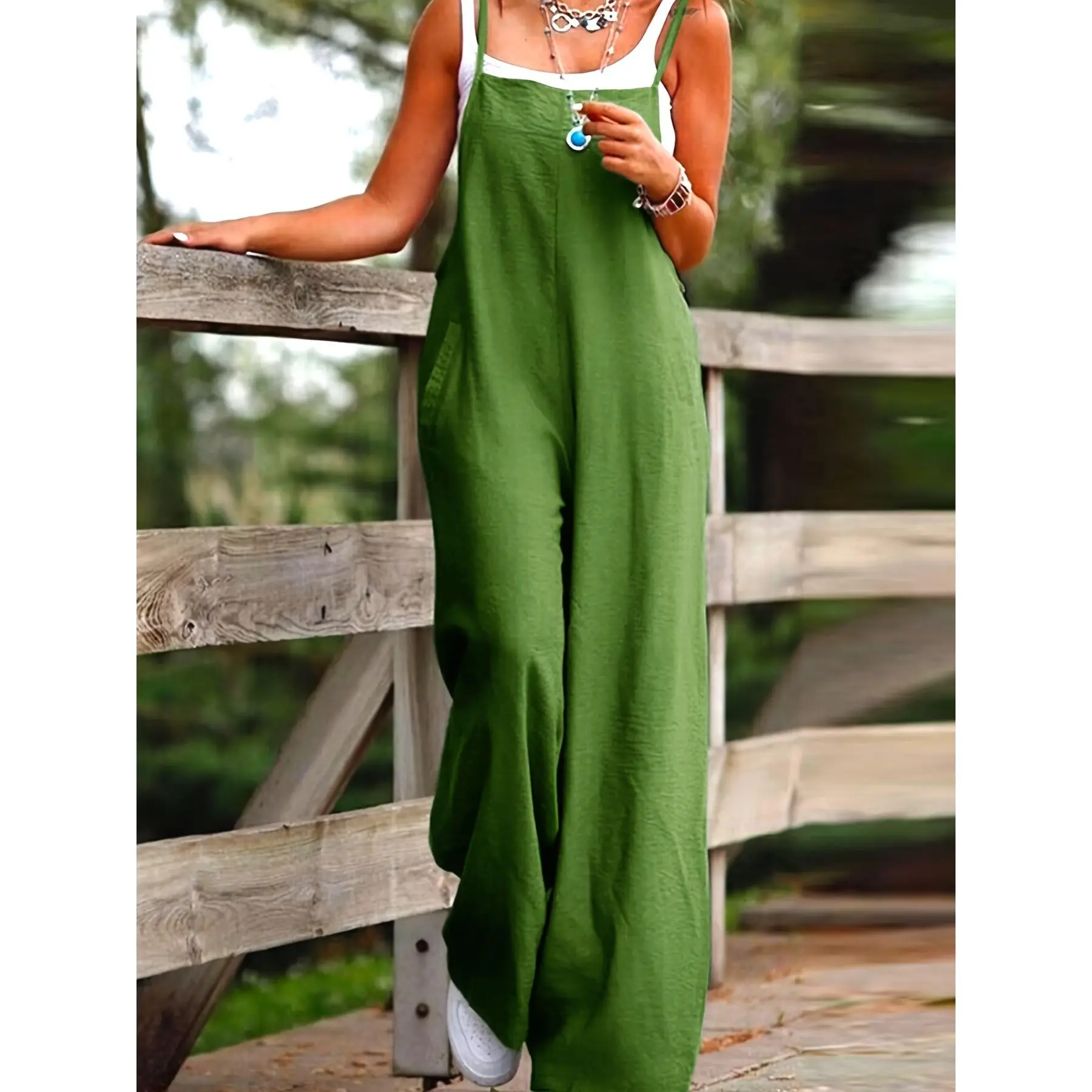 Vibrant Solid Color Wide Leg Jumpsuit with Pockets - Strappy Back, Sleeveless, Polyester Fabric, Machine Washable, Vacation-Ready - Womens Casual Clothing for All Seasons Overalls Womenswear