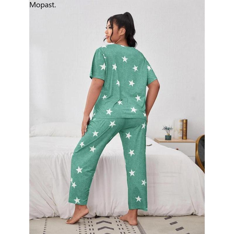 Plus Size Star Print Tee & Elastic Waist Pants Pyjama Set, Casual Comfy Round Neck Short Sleeve T-shirt & Trousers Pj Set, Women's Sleepwear for All Seasons, Wear To Hide Tummy Uk Autumn Wear 2024 Valentine's Day, gift Loungewear Pajamas 4