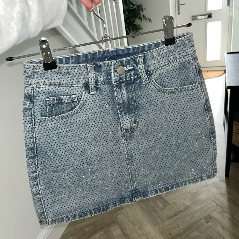 Women's Denim Mini Skirt with Diamanté Detailing - Bottom, Womenswear