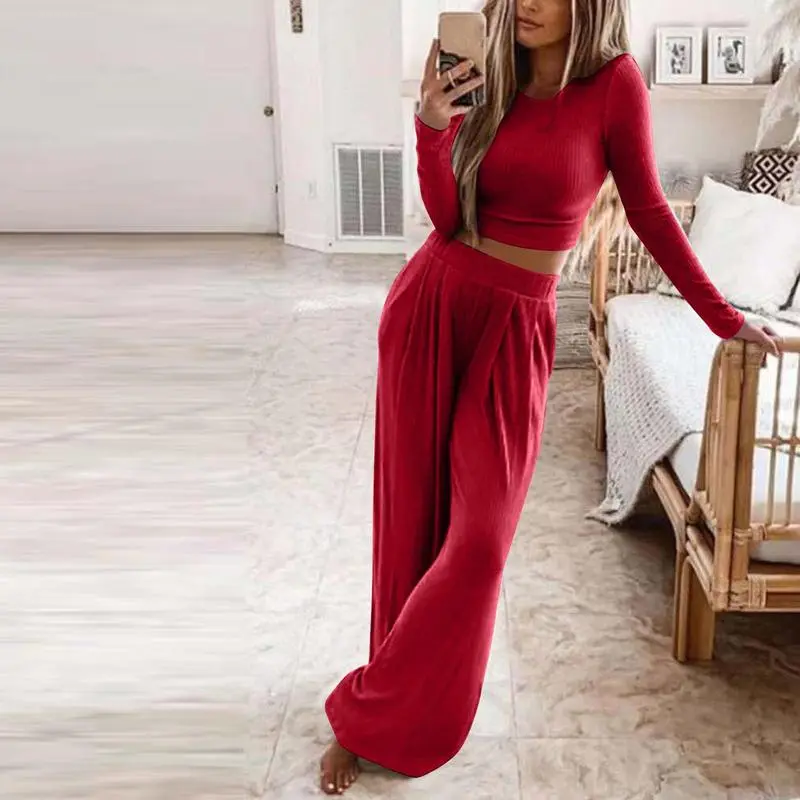 Solid Knitted Crop Top & Wide Leg Trousers Set 1