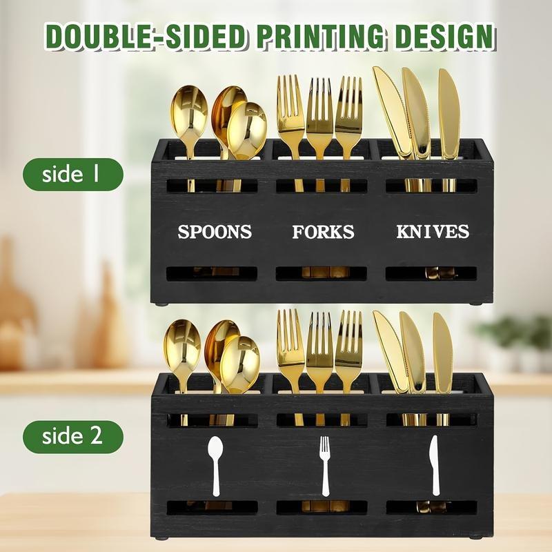 Rustic Wooden Kitchen Utensil Holder with Sturdy Iron Handle - 3-Compartment Organizer for Spoons, Forks, Knives - Perfect for Home & Restaurant Storage Kitchen Knives Knife 6