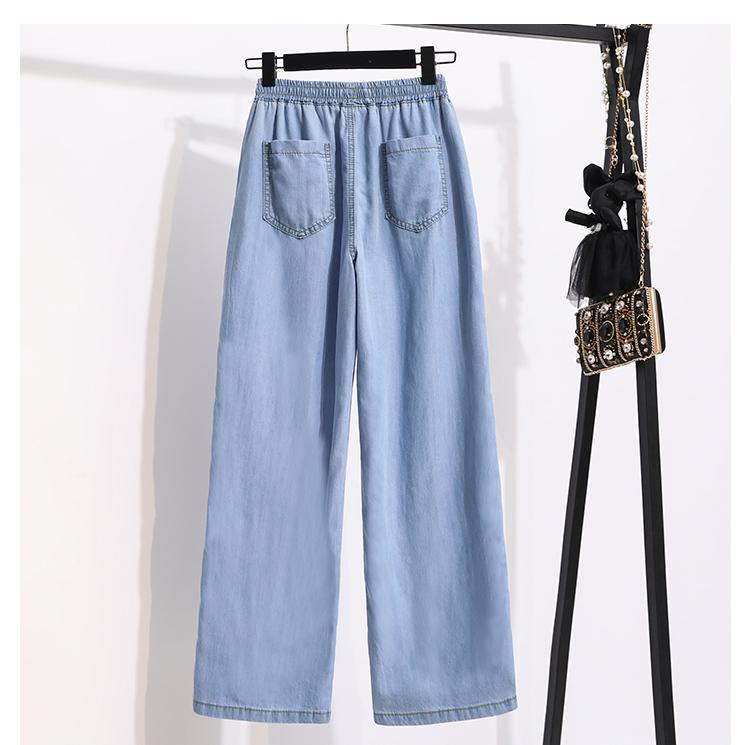 Product Introduction of 2024 New Arrival Summer High Waist Women Jeans Thin Cotton Denim Ankle-length Pants Elastic Waist Softener Wide Leg Pants V891 Womenswear Bottom Check Clothes Fits Light Trouser Gamis 23