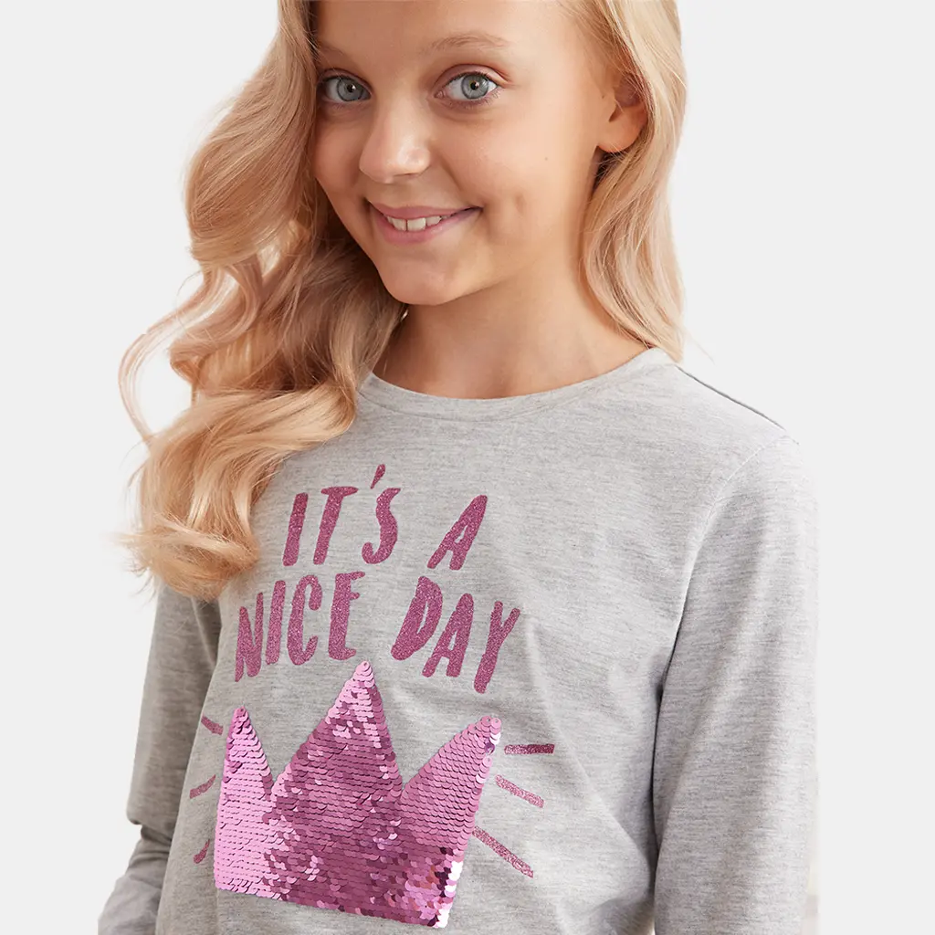 Girls T-Shirts Cotton Long Sleeve funny Kids Tee Tops 7-12 years | Grey