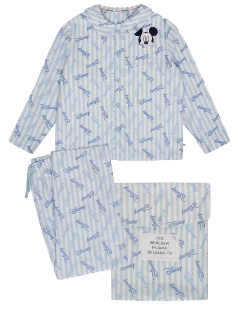 Disney Mickey Mouse Blue Striped Traditional Button Up Heirloom 3 piece Pyjamas Set Organic Cotton