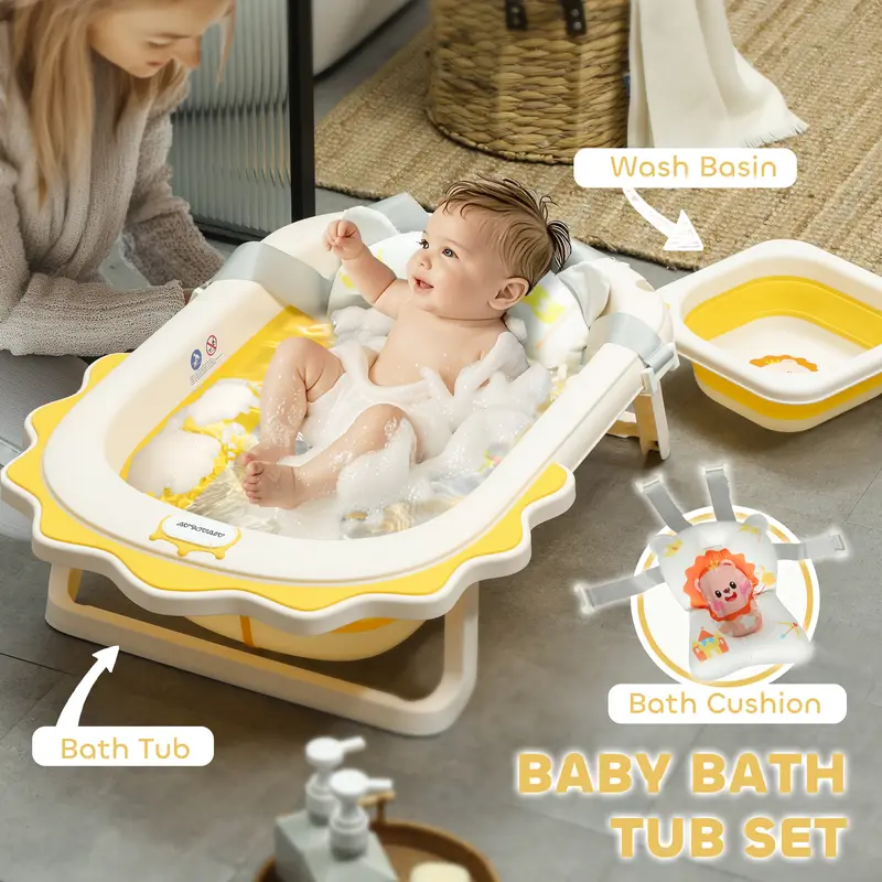AIYAPLAY Baby Bath Tub Set, Foldable Baby Bath Tub Newborn to Toddler with Support Cushion Pad Seat, Wash Basin, Non-slip Stand & Bottom, Portable Travel Collapsible Baby Bath Set for Infant, Yellow 1