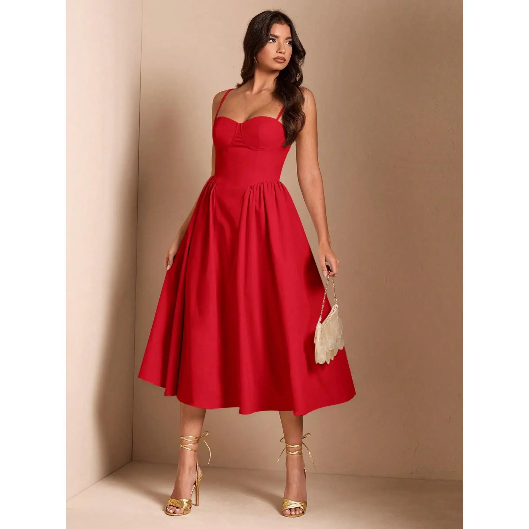 BAE Elegant Women Spaghetti Strap Long Fluffy Skirt Dress, For Daily Dating, Outing, Nightclub Party, Autumn