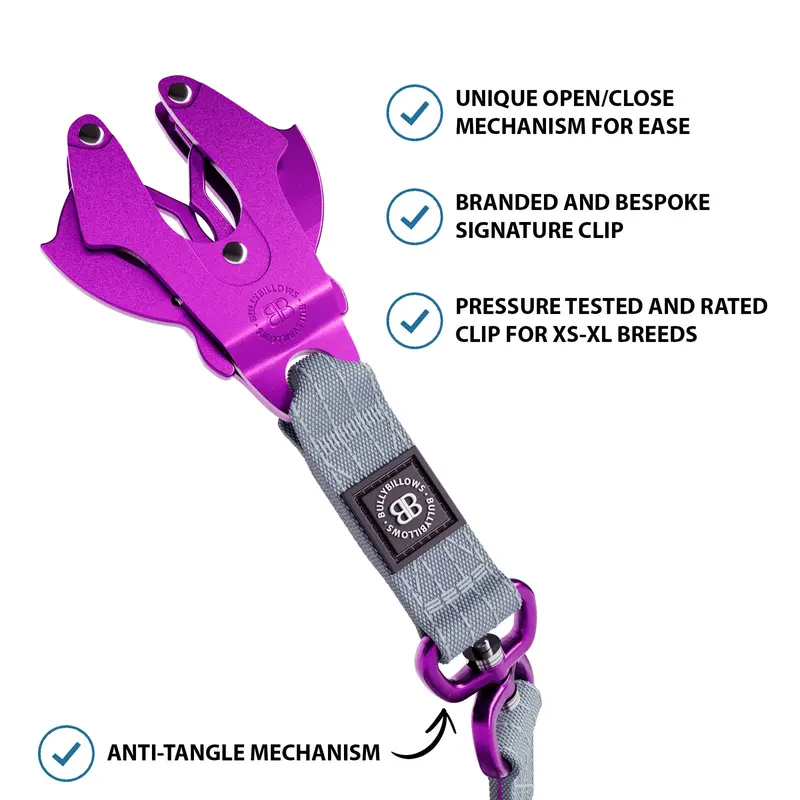 BullyBillows 1.4m Lighter Swivel Combat Dog Lead | Anti-Tangle & Secure Clip - Purple x Metal Grey 2