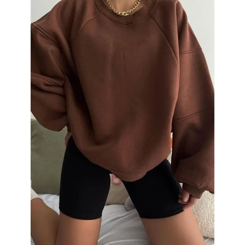 Women's Casual Pullover Hoodie, Autumn/Winter Solid Color Long Sleeve Round Neck Spliced Sweatshirt, Home Loungewear Top 2