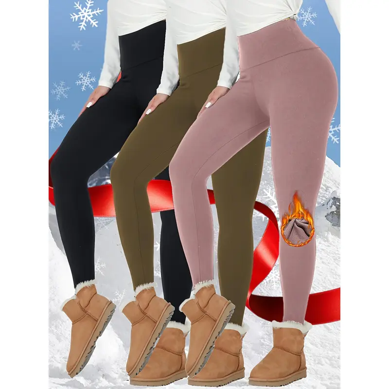 3pcs Thermal Fleece Lined High Waisted Sports Leggings, Women's Workout Winter Warm Soft Yoga Pants, Activewear Tights 0