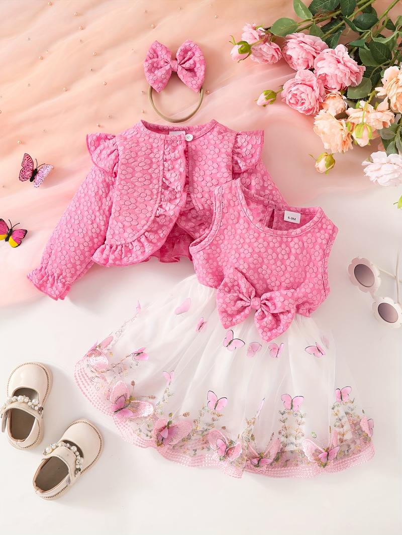 Product Introduction of 3pcs Fashion Casual Girl Butterfly Style Long Sleeve Ruffle Short Top + Sleeveless Mesh Butterfly Dress + Bow Hair Tie 11