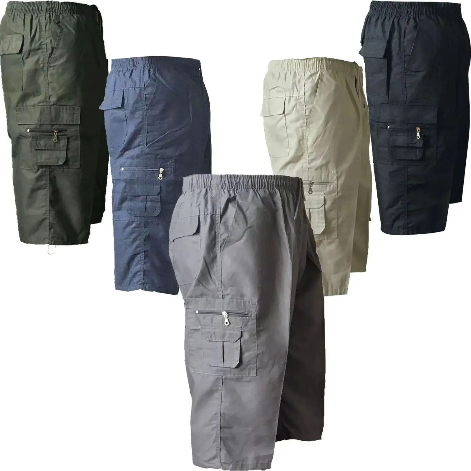 Mens 3/4 Elasticated Long Cargo Shorts Cotton Combat Pants Trouser Pockets Menswear Plus size M TO 5XL