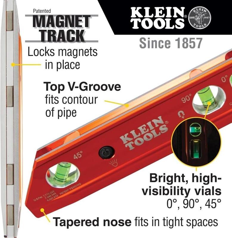 Klein Tools Magnetic Torpedo 9"/230mm Spirit Level With LED Light Vials, 935RBLT 1