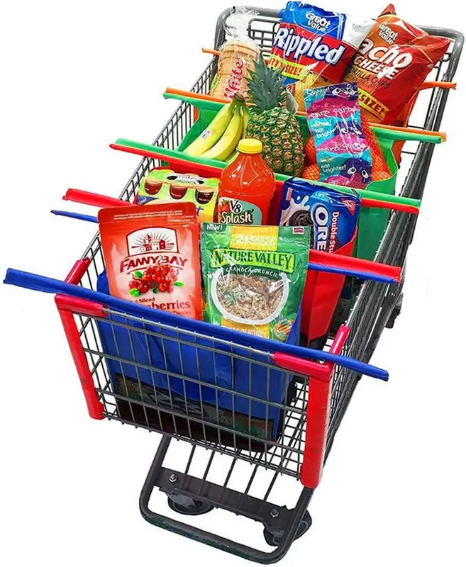 4Pcs Trolley Bags Reusable Shopping Bags Folding Supermarket Trolleys Packet Shopping Trolley Bags in Orange Green Red Blue Trolley Bags for Shopping Cart 3