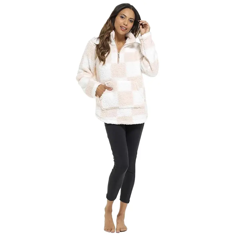 Women's Half-Zip Sherpa Fleece Jumper - Soft & Plush Casual Lounge Sweater, Check Design - Sizes 8-22 2