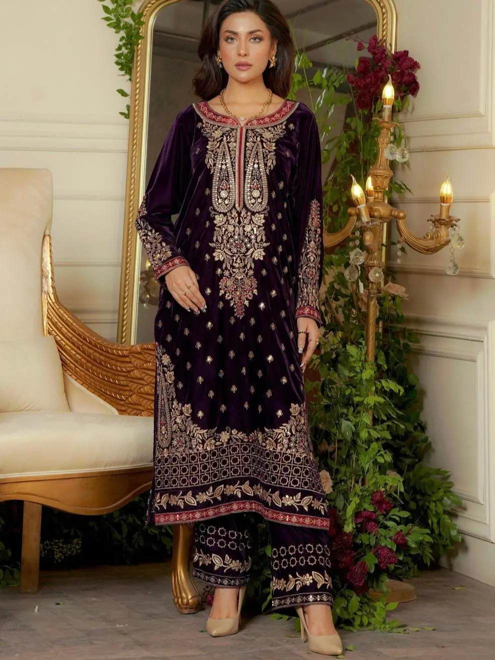 Velvet Plum Purple Embroidered 2 Piece Set with wide leg Trouser for Winter Events - Outfit, Soft Velvet