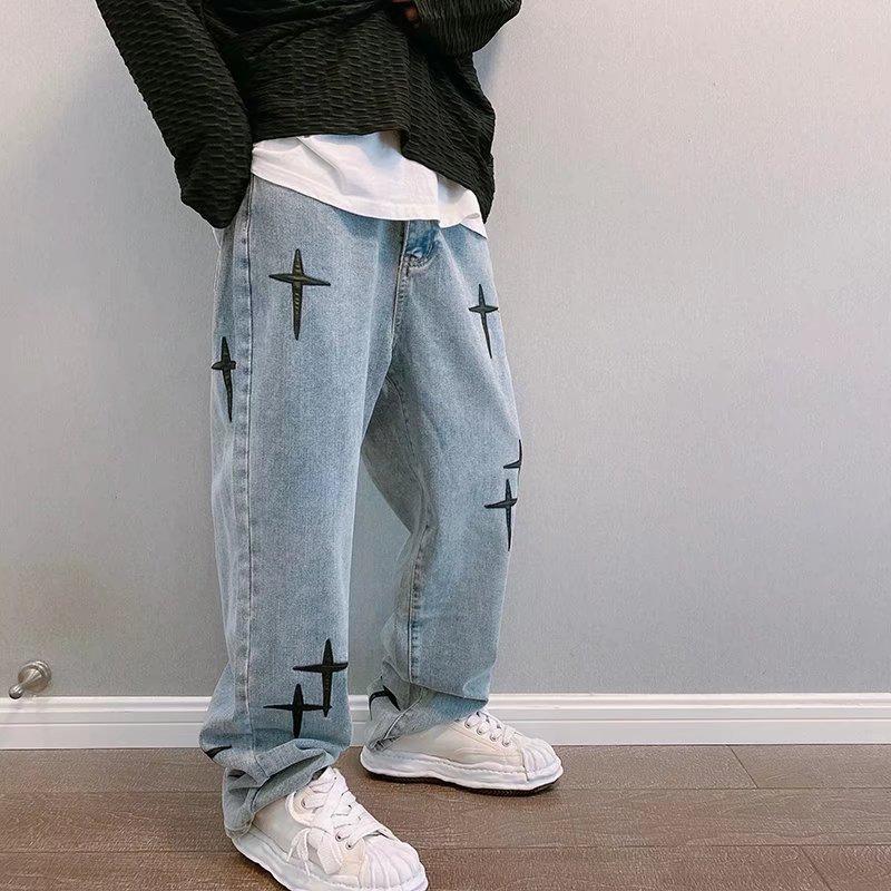 Prints Jeans Men 2023 New Streetwear Baggy Wide Leg Jeans Korean Fashion Drapes Straight Casual Loose Denim Cargo Pants 1
